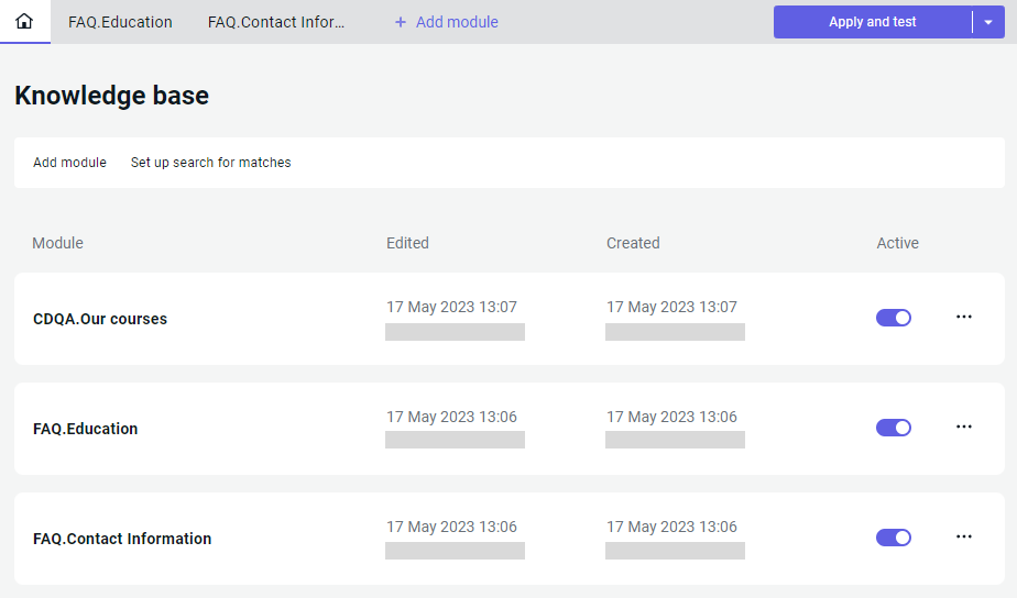 Knowledge base menu after adding the CDQA