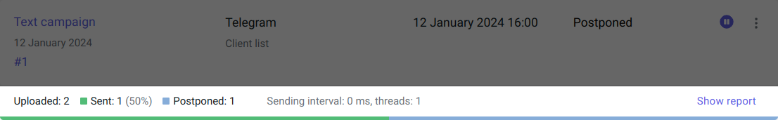 Campaign card. The campaign progress bar is along the bottom-hand border and is divided into two segments, green and blue, corresponding to messages that have been sent to clients and postponed respectively.